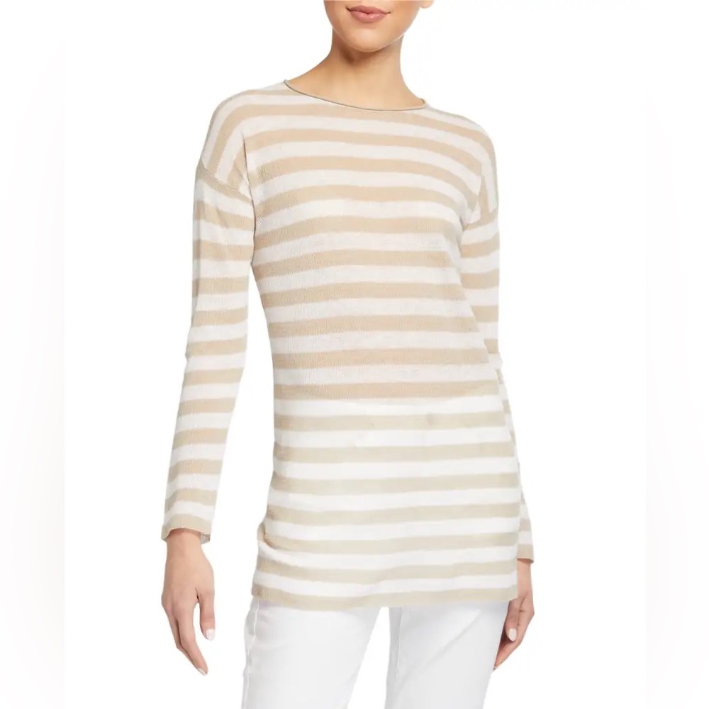Eileen Fisher Cream White Striped Long-Sleeve Organic Linen/Cotton Blend small